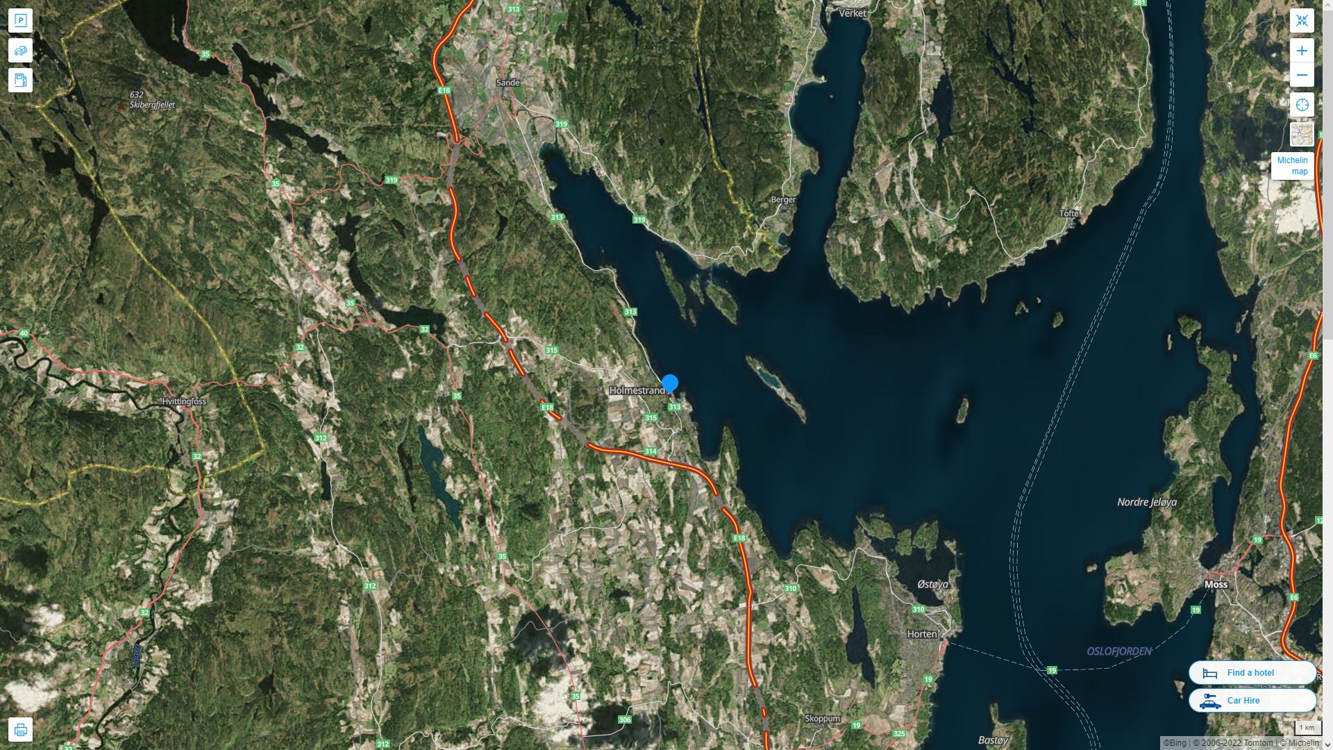 Holmestrand Norvege Autoroute et carte routiere avec vue satellite